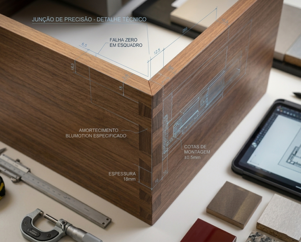 Close-up de detalhe técnico de junção de marcenaria de alto padrão com sobreposição de cotas milimétricas e projeto executivo da Coares Móveis Planejados.