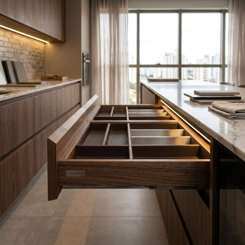 Close-up de gaveta de alta marcenaria com divisores organizadores em madeira e couro, iluminação LED embutida e acabamento em meia-esquadria da Coares Móveis Planejados.