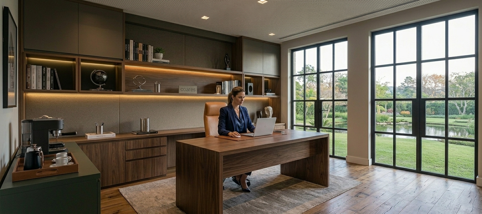Escritório residencial de alto padrão projetado pela Coares Móveis Planejados em Belo Horizonte, apresentando uma mulher trabalhando em uma mesa de madeira nobre com estante iluminada ao fundo.