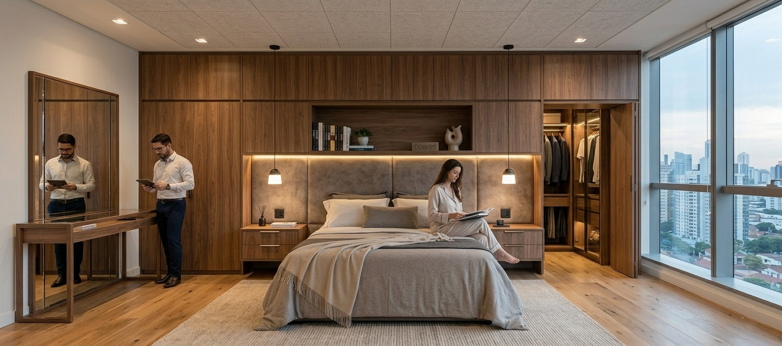 Quarto de casal planejado da Coares na Região Metropolitana de Belo Horizonte, com móveis sob medida e design exclusivo.