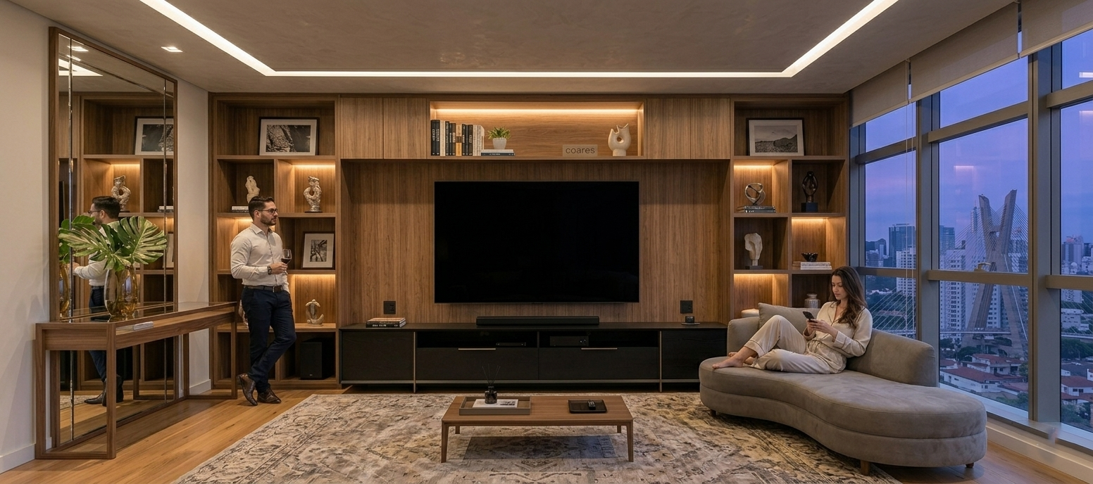 Sala de estar moderna com painel de TV planejado e móveis sob medida da Coares na Região Metropolitana de Belo Horizonte.