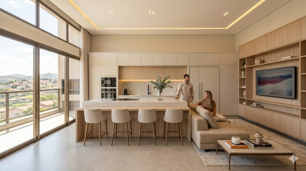 Cozinha integrada com sala em conceito aberto em Contagem, marcenaria de alto padrão Coares.