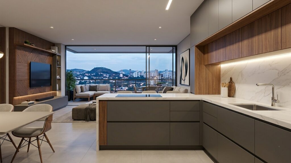 Cozinha gourmet integrada com sala de estar em apartamento de alto padrão na Região Centro-Sul de Belo Horizonte, apresentando marcenaria sob medida em tons grafite e madeira nogueira.
