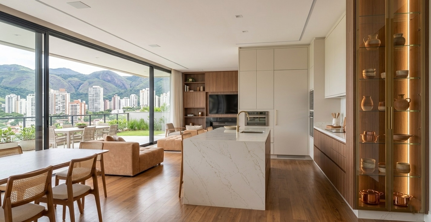 ozinha gourmet integrada à sala de estar com móveis planejados de alto padrão em tons de madeira clara e off-white, projeto executado pela Coares Móveis Planejados em Belo Horizonte.