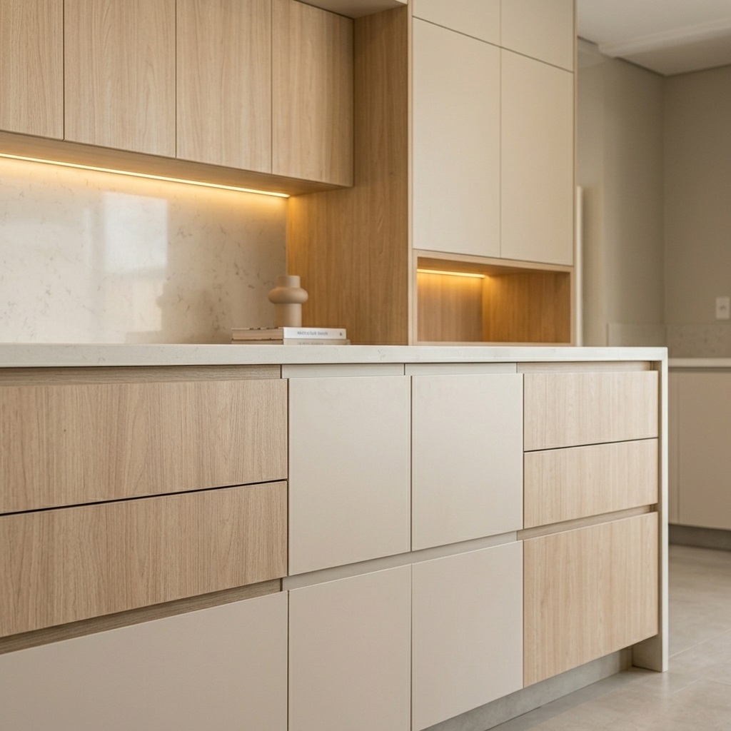 Cozinha planejada em tons Warm Neutrals e acabamento Cloud Dancer, tendência de design 2026.