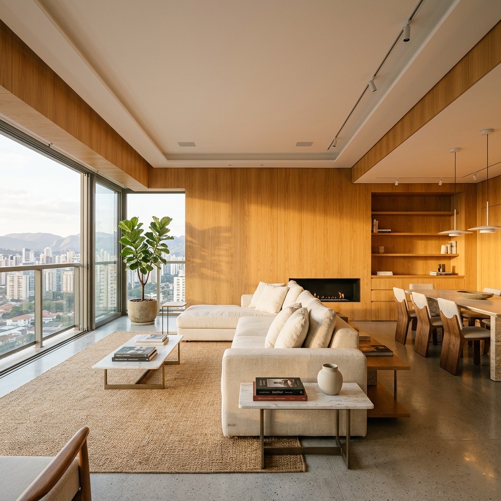 Amplo living integrado em apartamento de luxo no Belvedere, BH, com painéis de carvalho europeu milimetricamente alinhados e vista urbana ao pôr do sol.