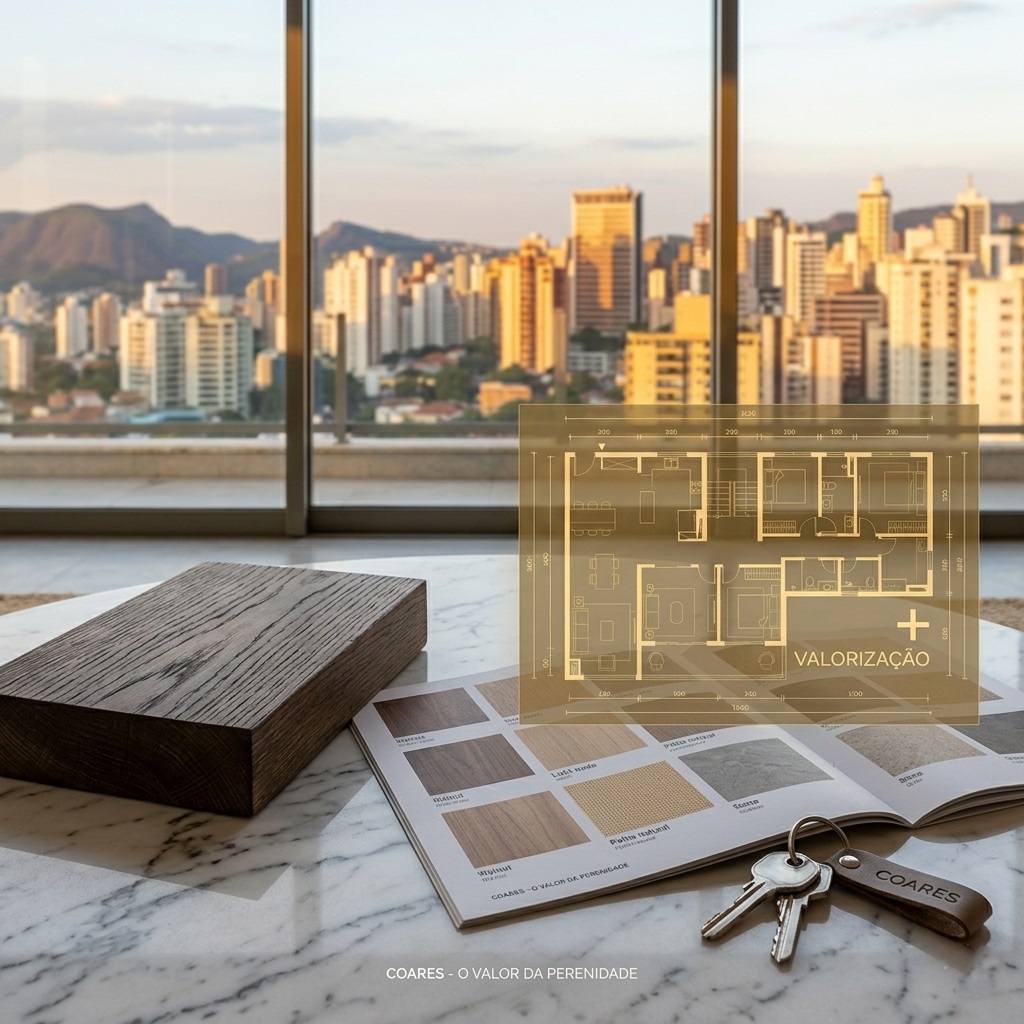Composição em mesa de mármore com amostras de madeira nobre da Coares e vista ao fundo das torres do bairro Santo Agostinho.