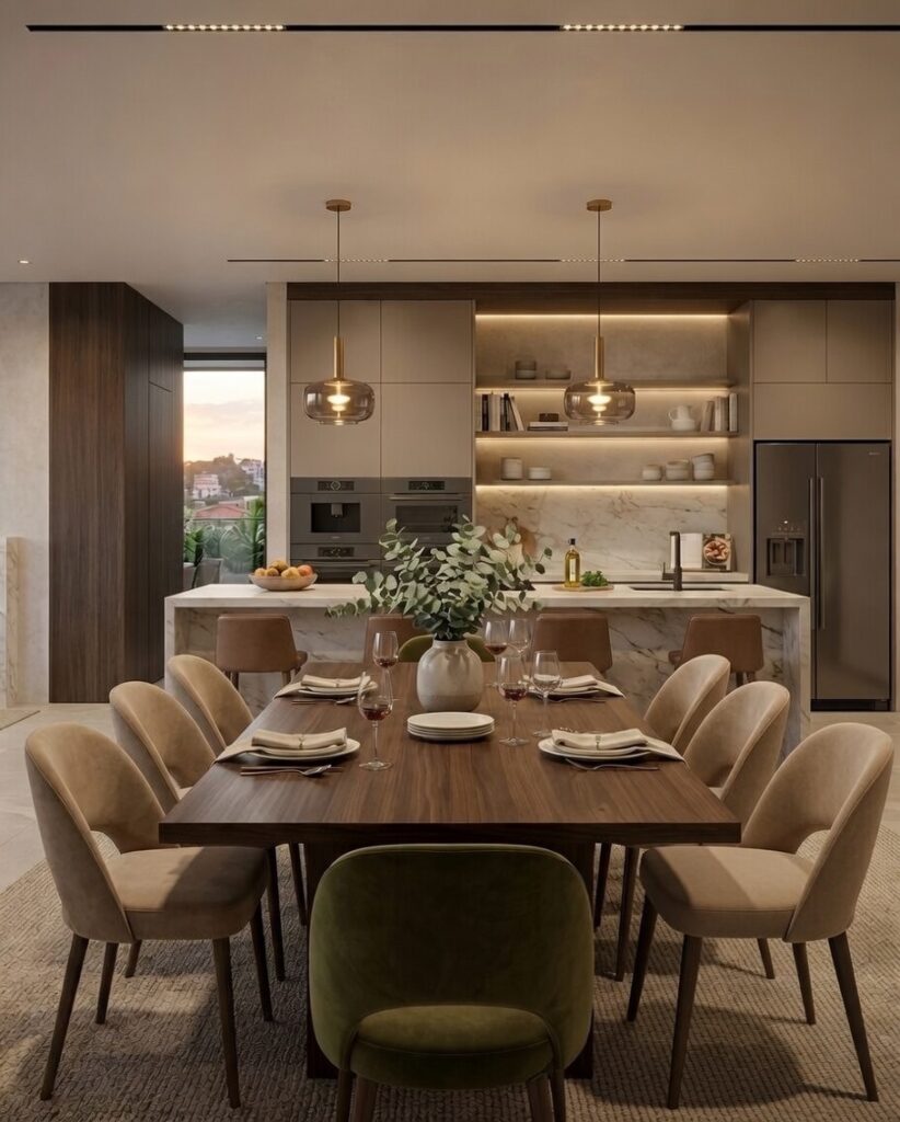 Cozinha de alto padrão com ilha em mármore integrada à sala de jantar e living com vista panorâmica.