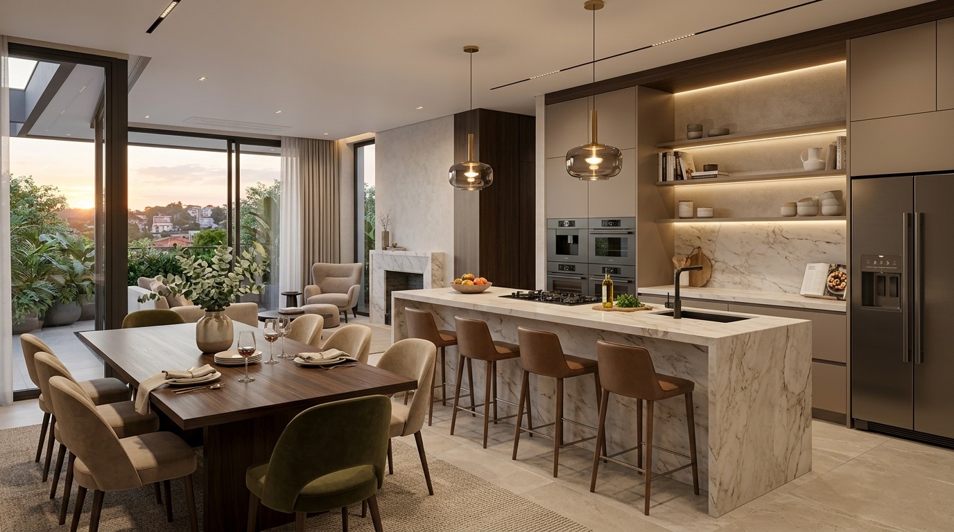 Cozinha de alto padrão com ilha em mármore integrada à sala de jantar e living com vista panorâmica.