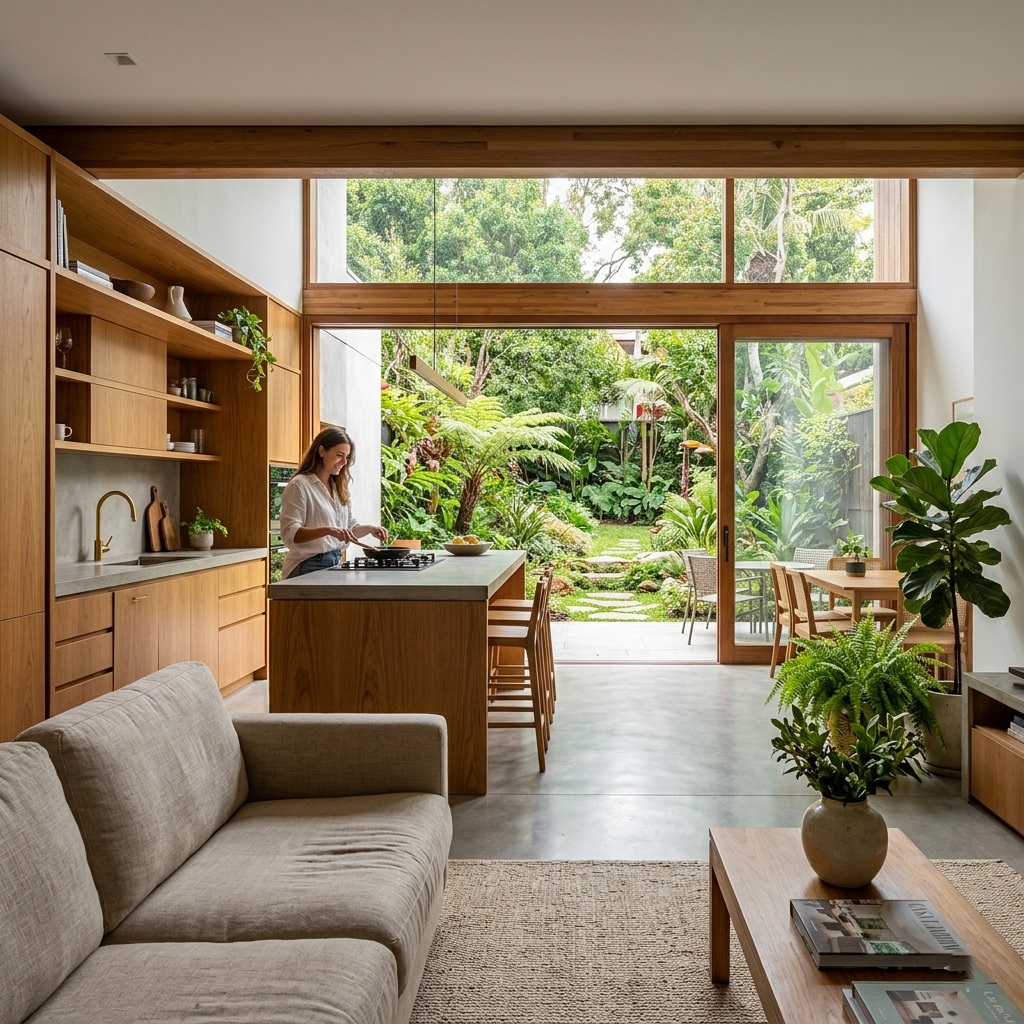 Foto de uma cozinha integrada com sala de estar e vista para jardim, apresentando marcenaria de alto padrão em madeira clara, bancadas em tom cinza e ambiente organizado com gavetas fechadas e design minimalista.