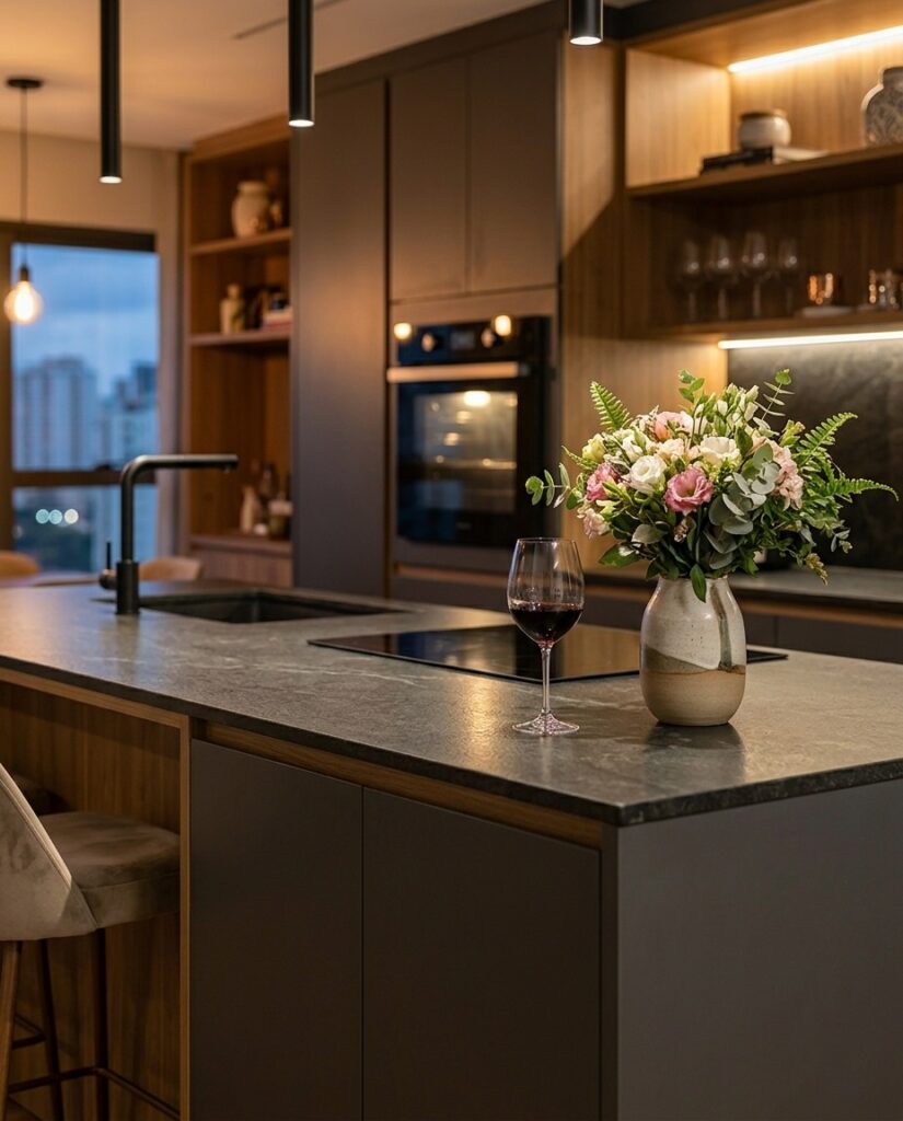 Ambiente de cozinha iluminado com luz quente, transmitindo conforto, luxo e bem-estar em um projeto finalizado.