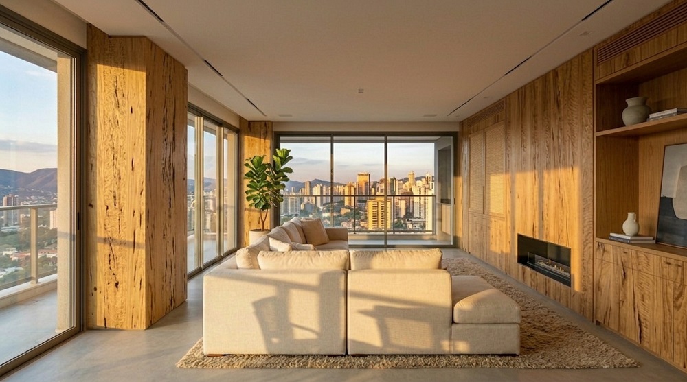 Amplo living integrado em apartamento de luxo no Belvedere, BH, com painéis de carvalho europeu milimetricamente alinhados e vista urbana ao pôr do sol.