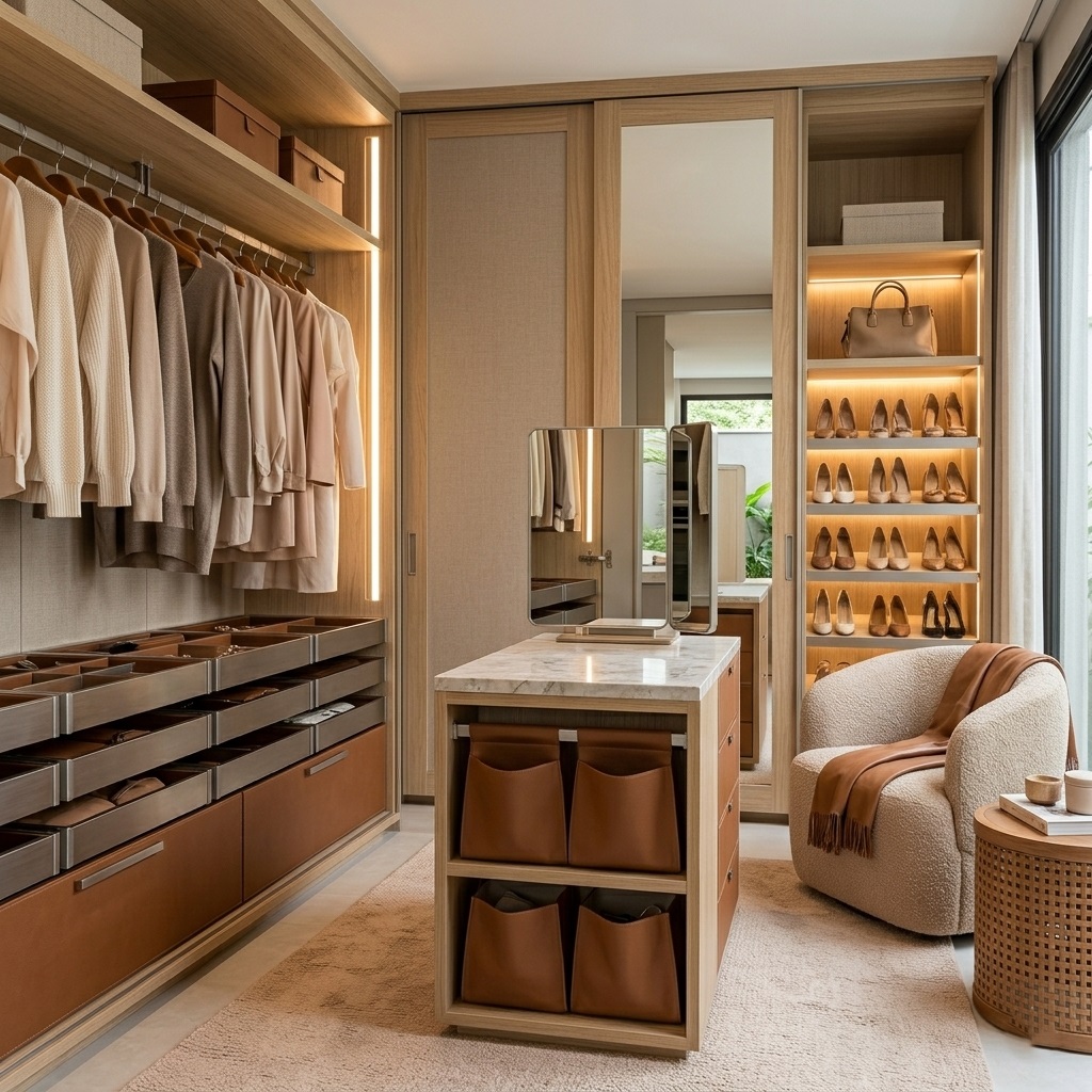 Closet planejado de alto padrão em tons de carvalho claro e bege, com iluminação embutida, ilha central com tampo de pedra e poltrona decorativa.